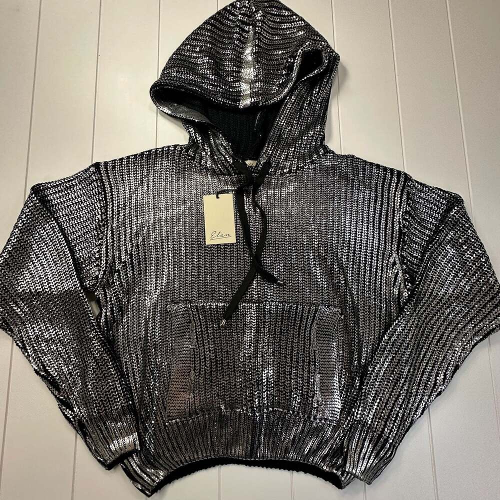 Elan Metallic Foil Knit Hoodie Sweater in Silver Size Small